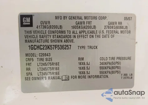 2007 Chevrolet Silverado 2500Hd Work Truck from USA, damaged, VIN 1GCHC23K57F536257